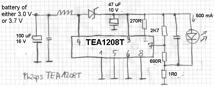 Slightly modified application circuit of the Philips TEA1208 chopper regulator powers one Luxeon LED