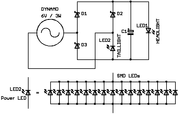 Simple and low cost LED bicycle light system for dynamo operation - includes tail light