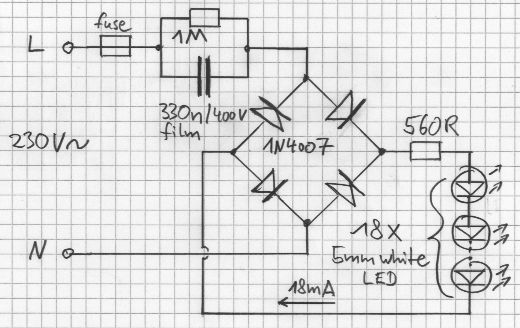 18 LEDs connected to 230V AC